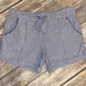 Blue & White Striped Linen Blend Drawstring Shorts Casual Summer Pull-On Shorts